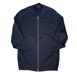 Massimo Dutti Cardigan Sweater navy Size Medium Long Fleece Ribbed Cotton Zip